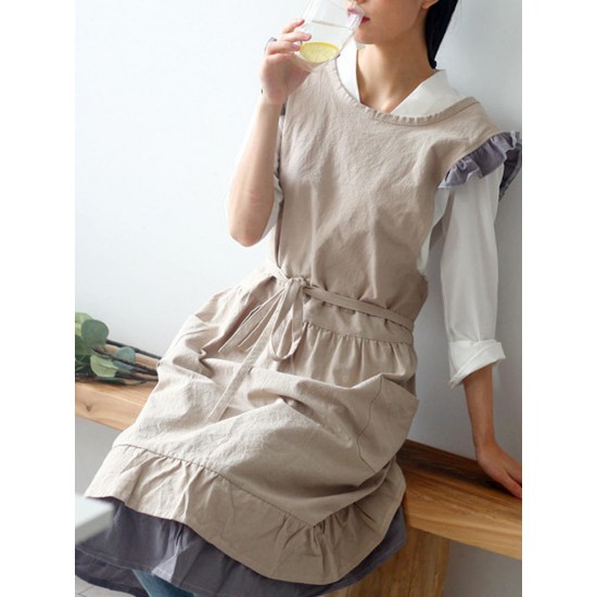 Japanese Sleeveless Ruffle Pockets Solid Color Vintage Apron Dress