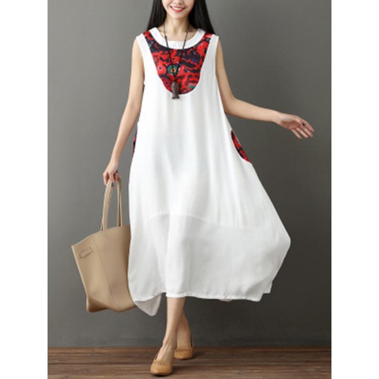 Women Print Patchwork Sleeveless Chinese Style Loose Hem Dresses