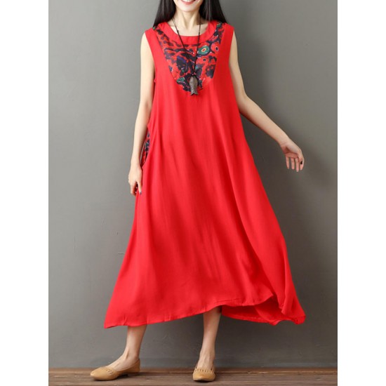Women Print Patchwork Sleeveless Chinese Style Loose Hem Dresses