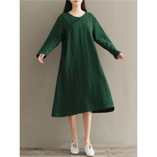 Women Pure Color V-neck Plate Buckle Loose Long Sleeve Dress