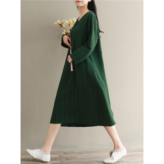 Women Pure Color V-neck Plate Buckle Loose Long Sleeve Dress