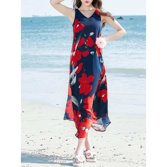 Bohemian Chiffon Women V-Neck Printed Sleeveless Maxi Dress