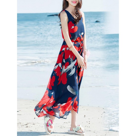 Bohemian Chiffon Women V-Neck Printed Sleeveless Maxi Dress