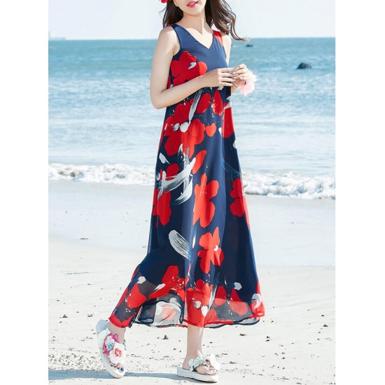 Bohemian Chiffon Women V-Neck Printed Sleeveless Maxi Dress