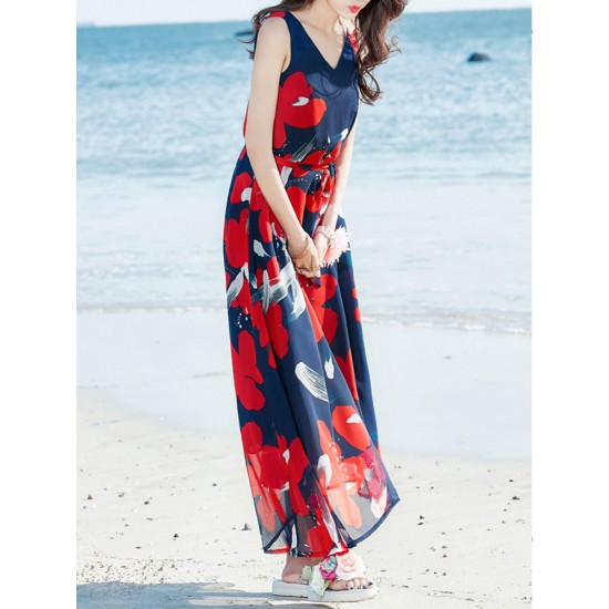 Bohemian Chiffon Women V-Neck Printed Sleeveless Maxi Dress