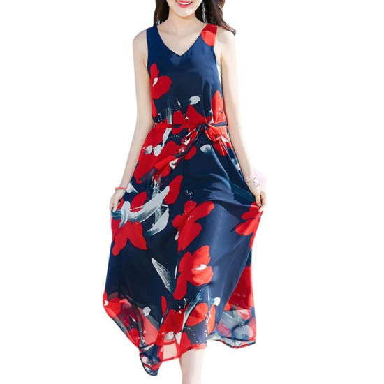 Bohemian Chiffon Women V-Neck Printed Sleeveless Maxi Dress