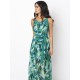 Bohemian Women Feather Print Chiffon Loose Hem Maxi Dress With Belt