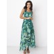 Bohemian Women Feather Print Chiffon Loose Hem Maxi Dress With Belt