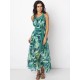 Bohemian Women Feather Print Chiffon Loose Hem Maxi Dress With Belt