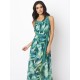 Bohemian Women Feather Print Chiffon Loose Hem Maxi Dress With Belt