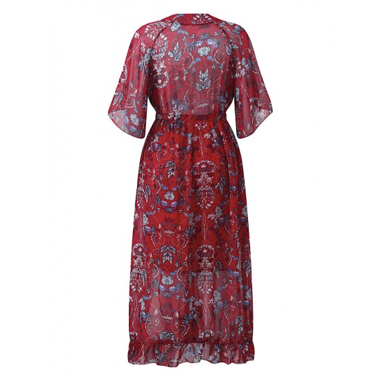 Bohemian Women V-Neck Floral Printed High Waist Flared Sleeve Chiffon Dress