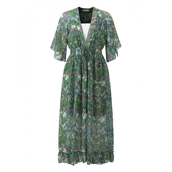 Bohemian Women V-Neck Floral Printed High Waist Flared Sleeve Chiffon Dress