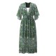 Bohemian Women V-Neck Floral Printed High Waist Flared Sleeve Chiffon Dress