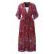 Bohemian Women V-Neck Floral Printed High Waist Flared Sleeve Chiffon Dress