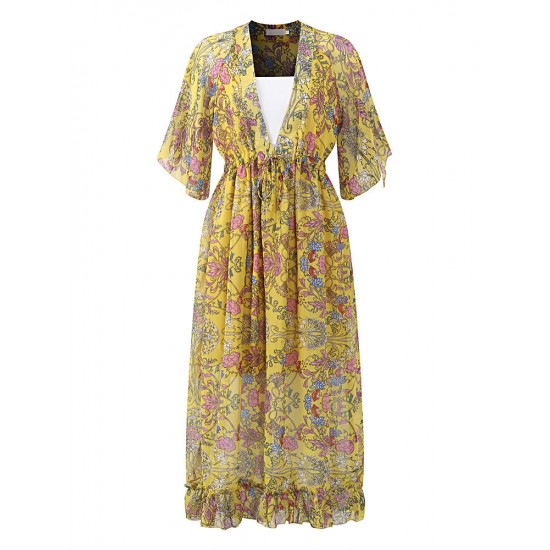 Bohemian Women V-Neck Floral Printed High Waist Flared Sleeve Chiffon Dress