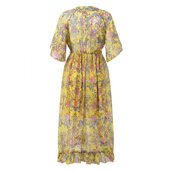 Bohemian Women V-Neck Floral Printed High Waist Flared Sleeve Chiffon Dress