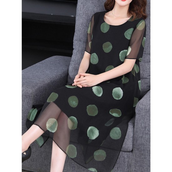 Brief Polka Dot Print Loose O-neck Short Sleeve Dress