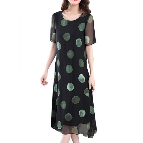 Brief Polka Dot Print Loose O-neck Short Sleeve Dress