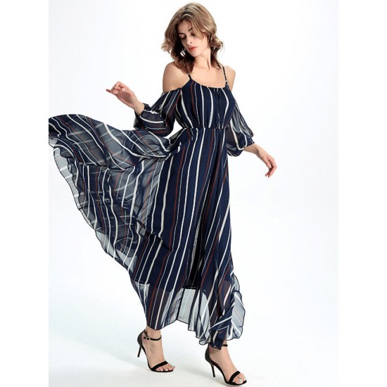 Casual Women Chiffon Off Shoulder Stripe Loose Maxi Dress