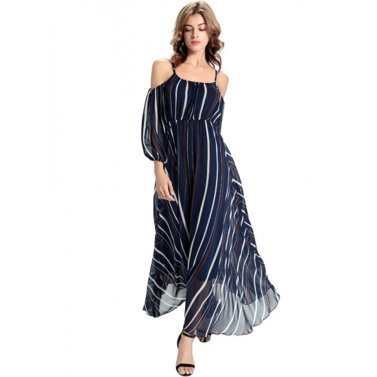 Casual Women Chiffon Off Shoulder Stripe Loose Maxi Dress