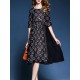 Casual Women Floral Printed Patchwork O-Neck Chiffon Black Dress