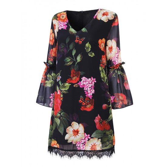 Casual Women Printed Trumpet Sleeve Lace Hem Patchwork Chiffon Dresses