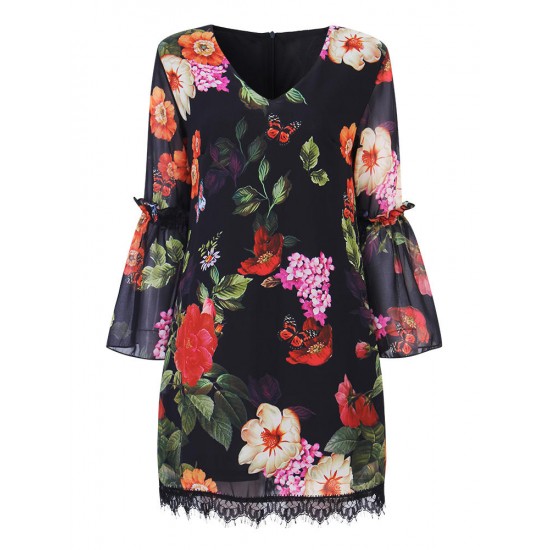 Casual Women Printed Trumpet Sleeve Lace Hem Patchwork Chiffon Dresses