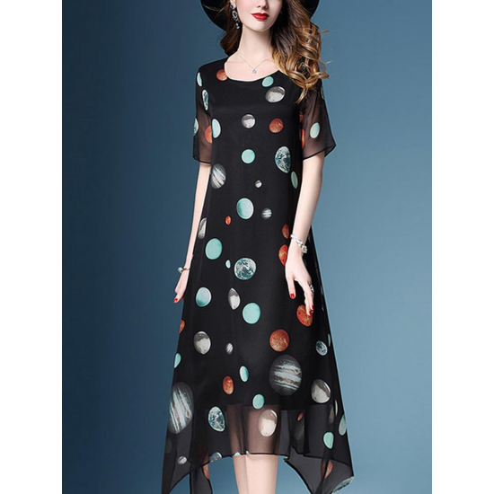 Chiffon Polka Dot Short Sleeve Loose O-neck Irregular Hem Dress