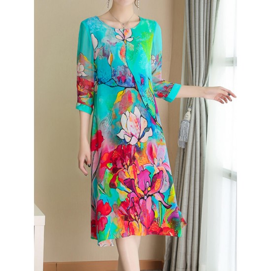 Elegant Floral Print Half Sleeve Dress For Women