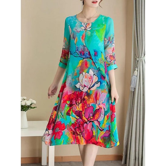 Elegant Floral Print Half Sleeve Dress For Women