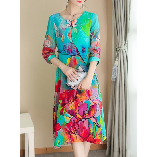 Elegant Floral Print Half Sleeve Dress For Women