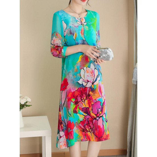 Elegant Floral Print Half Sleeve Dress For Women