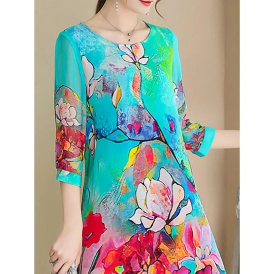 Elegant Floral Print Half Sleeve Dress For Women