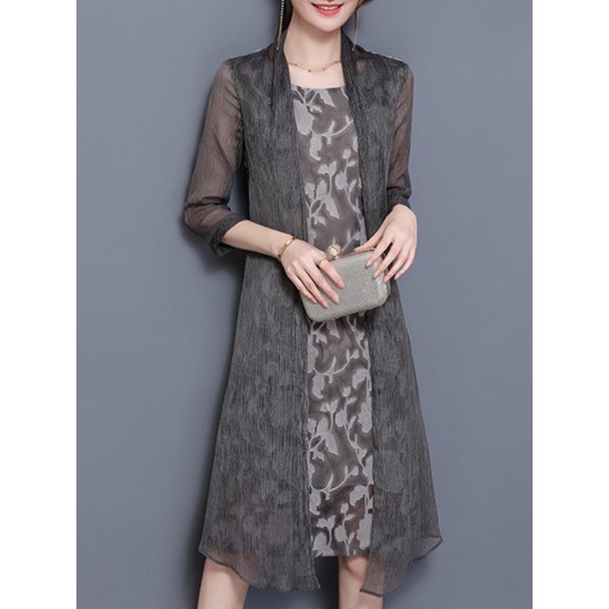 Elegant Women Fake Two Pieces 3/4 Sleeve Printed Chiffon Dress