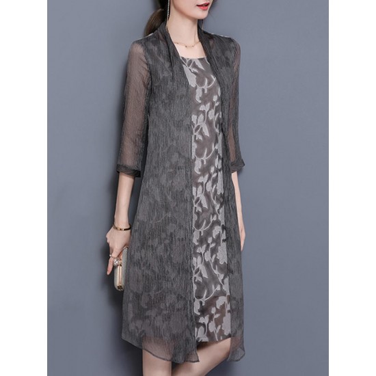 Elegant Women Fake Two Pieces 3/4 Sleeve Printed Chiffon Dress