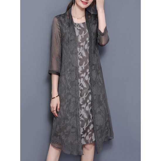 Elegant Women Fake Two Pieces 3/4 Sleeve Printed Chiffon Dress