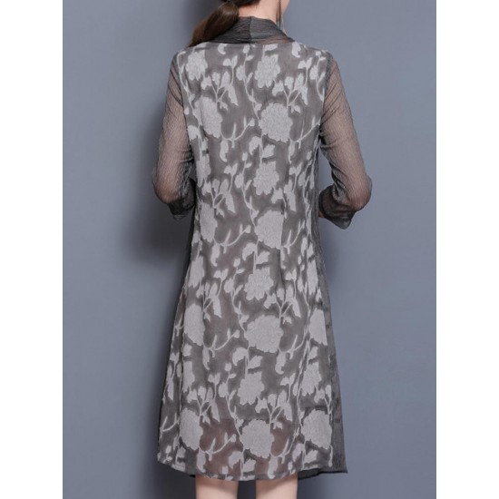 Elegant Women Fake Two Pieces 3/4 Sleeve Printed Chiffon Dress