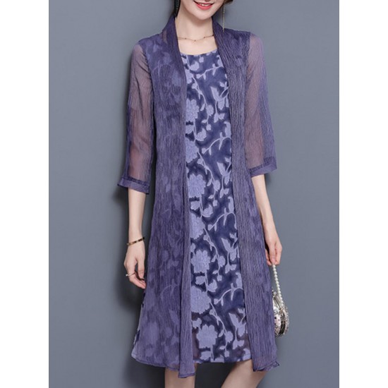 Elegant Women Fake Two Pieces 3/4 Sleeve Printed Chiffon Dress