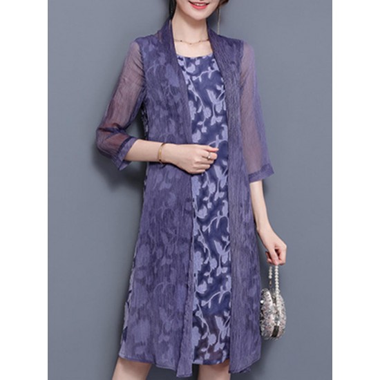 Elegant Women Fake Two Pieces 3/4 Sleeve Printed Chiffon Dress