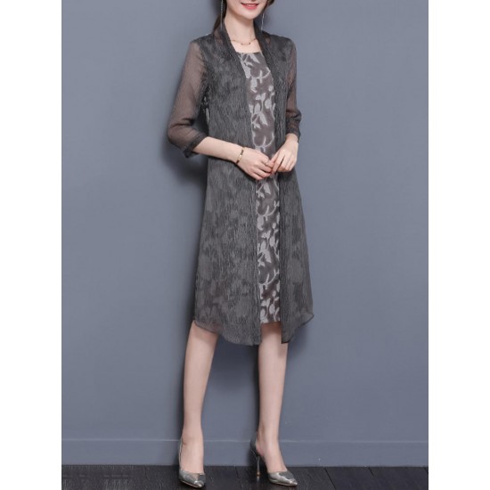 Elegant Women Fake Two Pieces 3/4 Sleeve Printed Chiffon Dress