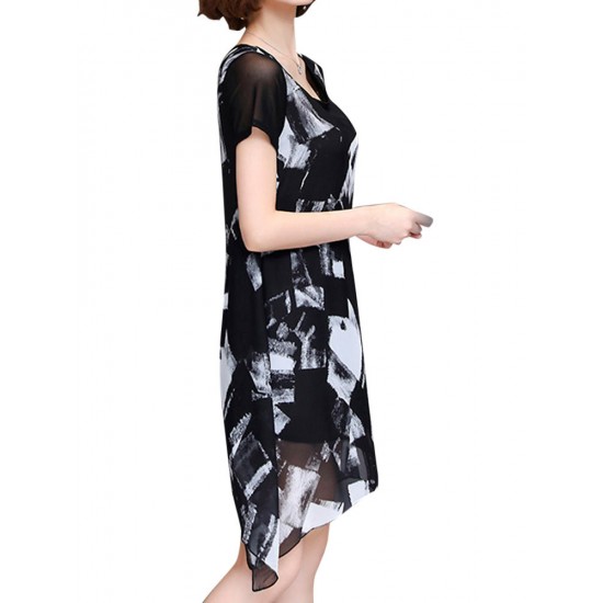 Elegant Women Printed Irregular Short Sleeve Chiffon Dresses