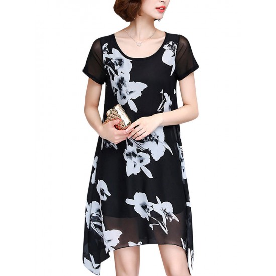 Elegant Women Printed Irregular Short Sleeve Chiffon Dresses