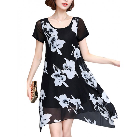 Elegant Women Printed Irregular Short Sleeve Chiffon Dresses