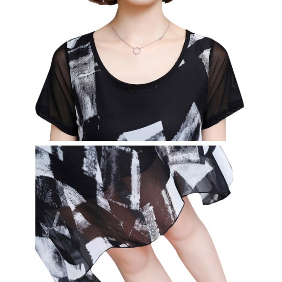 Elegant Women Printed Irregular Short Sleeve Chiffon Dresses