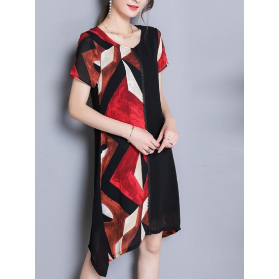 Women Chiffon Geometric Printing Patchwork Irregular Dress
