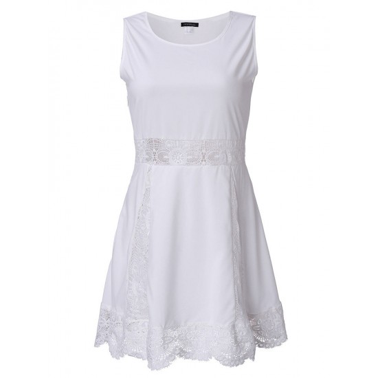 Women White Lace Crochet Hollow Out Sleeveless Chiffon Mini Dress