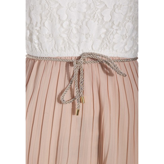 Women's Beige Lace Dress Sleeveless Pleated Vest Waist Mini Dress