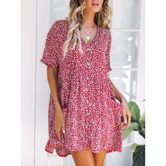 Bohemian Women Floral Printed Button Loose Short Sleeve Mini Dress