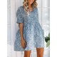 Bohemian Women Floral Printed Button Loose Short Sleeve Mini Dress