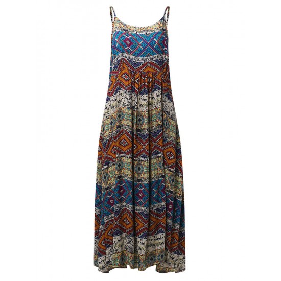 Bohemian Women Random Floral Printed Sleeveless Spaghetti Strap Maxi Dresses